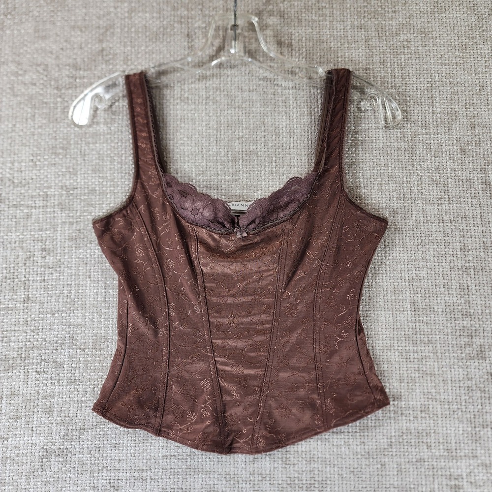 Y2K Arianne Lace Trim Floral Corset Tank Womens *M Brown Jaquard Whimsigoth VTG
